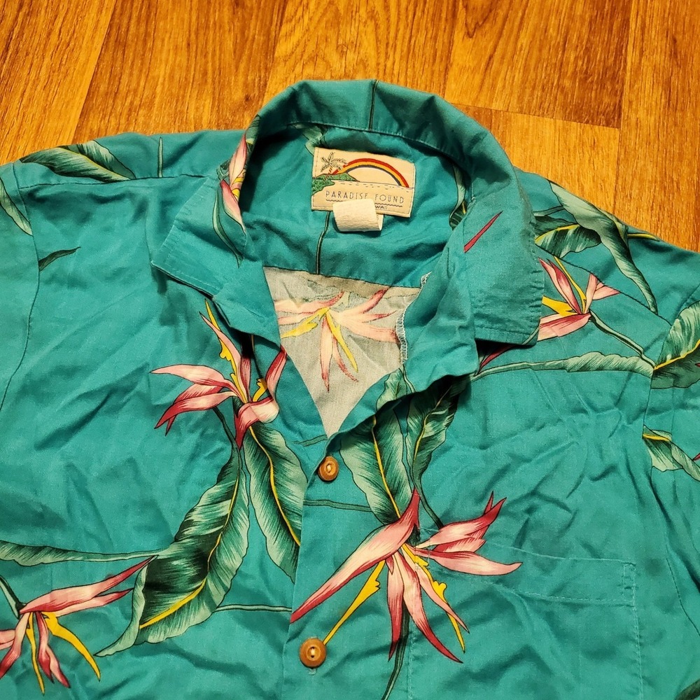Vintage Hawaiian Shirt Men Medium Teal Floral Rayon Aloha Paradise Found